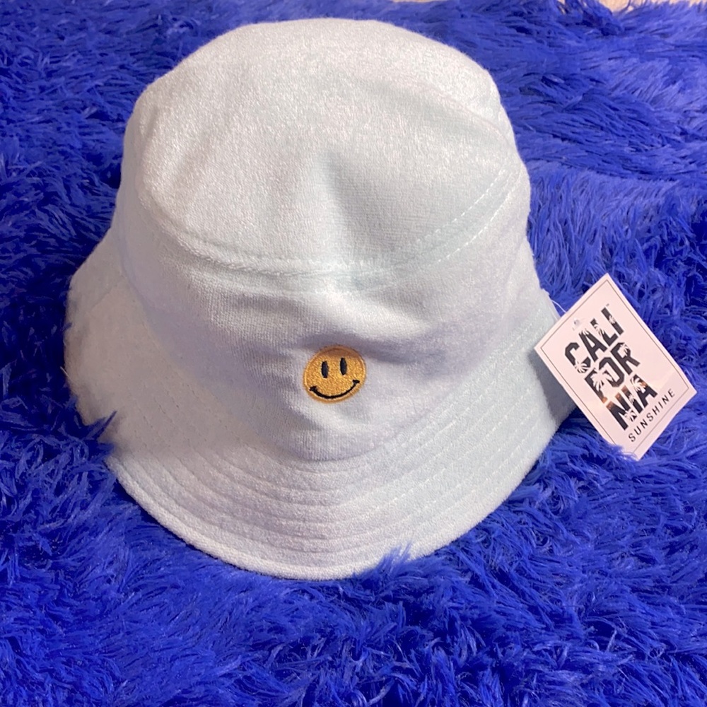 California Sunshine Blue Terry Cloth Yellow Smiley Face Bucket Hat One Size Fits